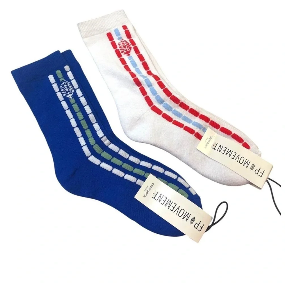 Free People Fast Lane Crew Socks, Bundle of 2 Pairs, White and Blue NWT